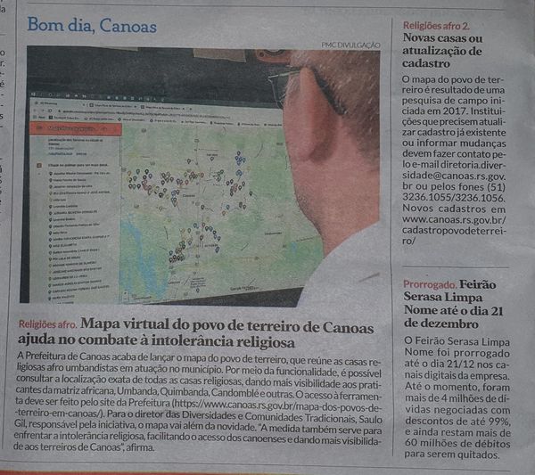 Mapa Virtual do Povo de Terreiro de Canoas é matéria no Diário de Canoas – 09/12/2020